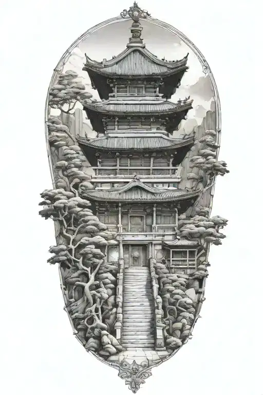 Engineer's blueprint of a Japanese temple with foo dogs guarding the entrance tattoo design idea