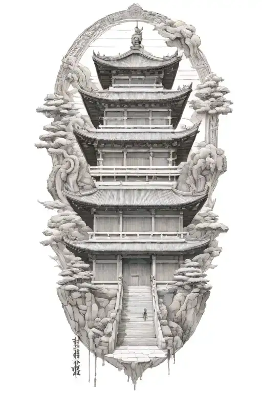 Engineer's blueprint of a Japanese temple with foo dogs guarding the entrance tattoo design idea