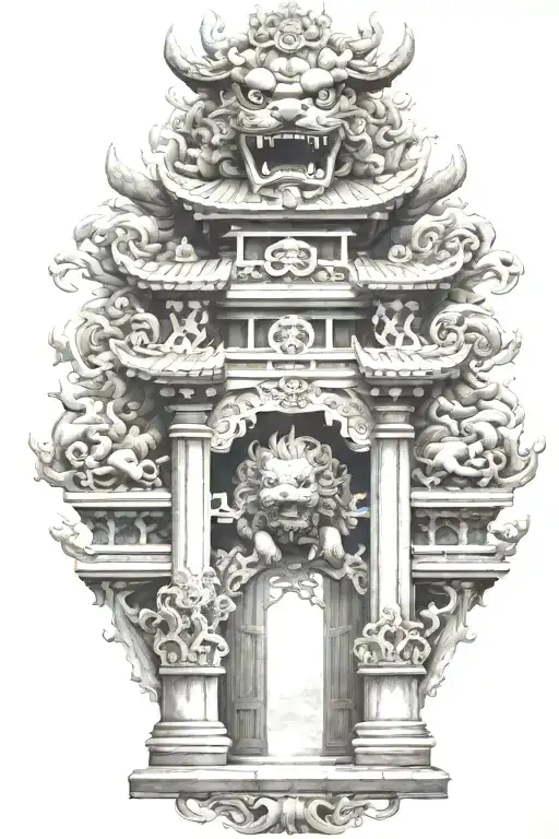 two Japanese foo dog guarding a temple gate bridge tattoo design idea