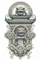 two Japanese foo dog guarding a temple gate great wave off kanagawa tattoo design idea