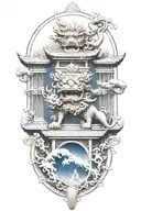 two Japanese foo dog guarding a temple gate great wave off kanagawa tattoo design idea