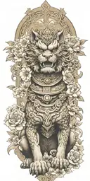 two Japanese foo dog standing defending a sacred temple surrounded by blooming flowers tattoo design idea