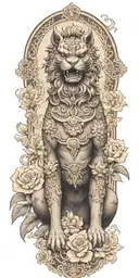 two Japanese foo dog standing defending a sacred temple surrounded by blooming flowers tattoo design idea