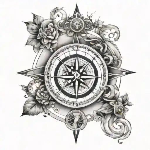 A stylized compass rose with elements of nature and animals, representing a journey towards inner peace and self-discove tattoo design idea