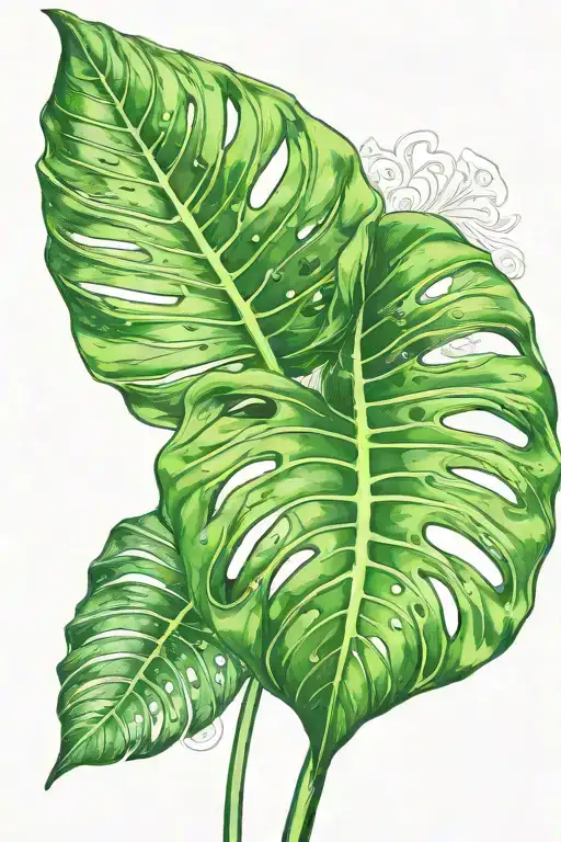 A monstera leaf with intricate details, representing the connection between beauty and pain in the medical field tattoo design idea