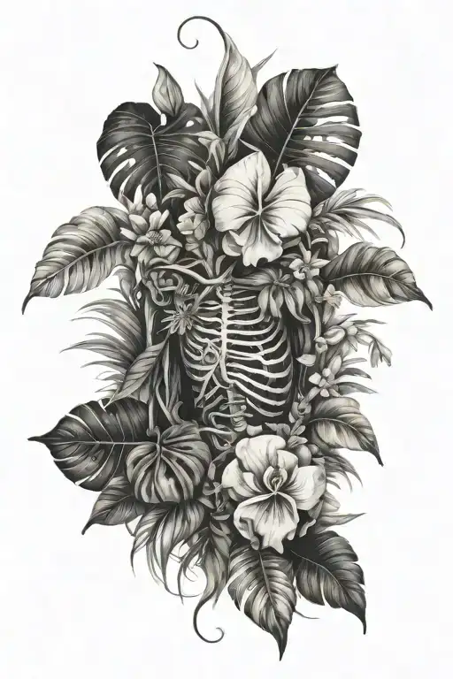A garden scene with tropical plants, monstera, magnolias, growing from anatomical human rib cage tattoo design idea