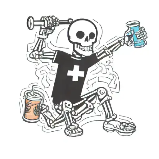 paramedic skeleton holding stethoscope and drinking energy drink tattoo design idea