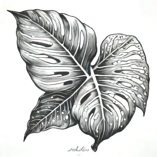 A monstera leaf with intricate black and grey details, representing the connection between beauty and pain in the medical field tattoo design idea