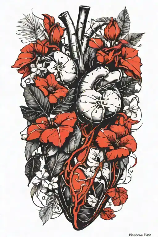 tropical leaves, magnolias, anatomic human heart, anatomic human rib cage tattoo design idea
