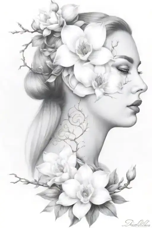 pain, and magnolias, and vines tattoo design idea