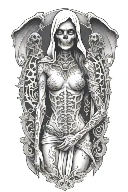 female reaper topless nipple tattoo design idea