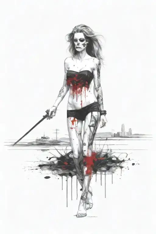 ocean, long hair, skull tattoo design idea