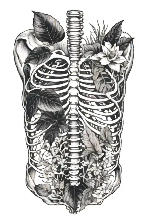 anatomic human rib cage with tropical  plants growing from inside it tattoo design idea
