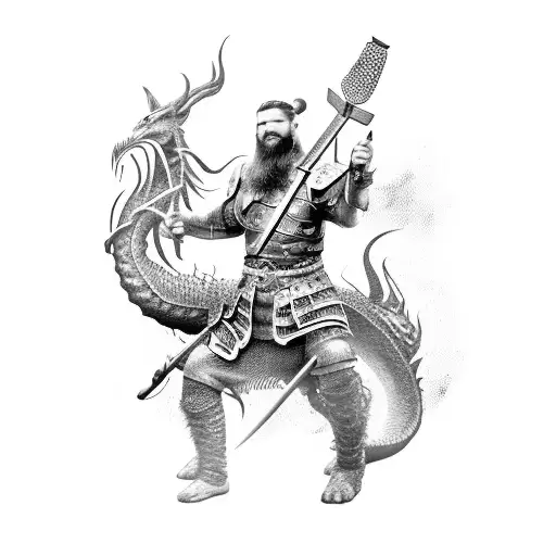 A fierce Viking warrior battling a dragon in a pixelated gaming world tattoo design idea