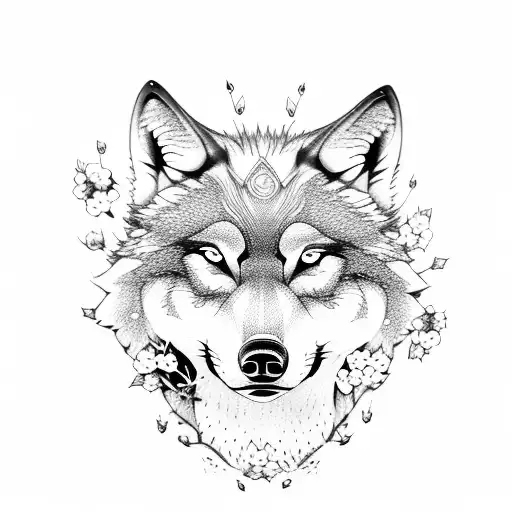 A majestic wolf surrounded by cherry blossom trees in an anime-inspired fantasy setting tattoo design idea
