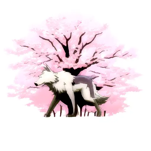 A majestic wolf surrounded by cherry blossom trees in an anime-inspired fantasy setting tattoo design idea