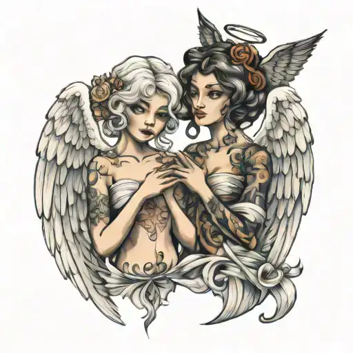 two angels holding M tattoo design idea