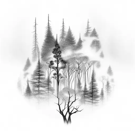 A hauntingly beautiful forest at night with ghostly apparitions tattoo design idea