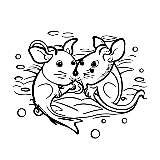 two cute rats playing between fish in the ocean tattoo design idea