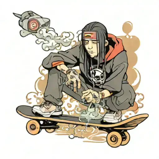 itachi uchiha on a skateboard, smoking a joint   tattoo design idea