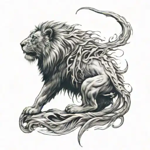 Humble beast down spine with roaring half lion and calm half lion on either side tattoo design idea