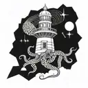 geometric octopus and lighthouse shining tattoo design idea