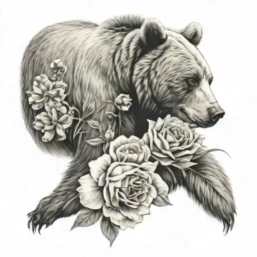 BEAR HOLDING 2 CUBS FLOWERS tattoo design idea