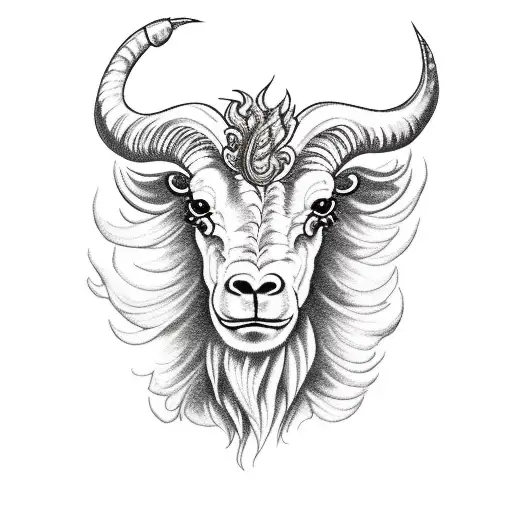 A flaming Aries ram with intricate blackwork details tattoo design idea