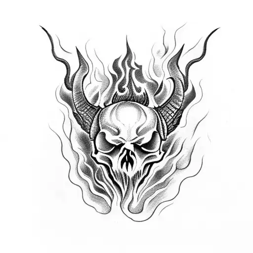 A gothic skull ram surrounded by fiery flames in dotwork style tattoo design idea