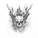 A gothic skull ram surrounded by fiery flames in dotwork style tattoo design idea