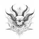 A gothic skull ram surrounded by fiery flames in dotwork style tattoo design idea