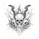 A gothic skull ram surrounded by fiery flames in dotwork style tattoo design idea