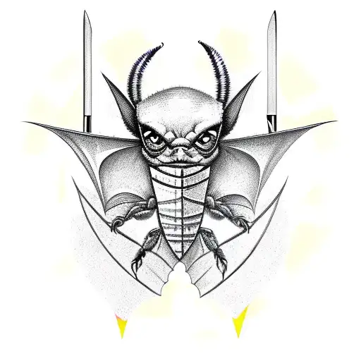 a bat and a scorpion with a crossed sword with the phrase Audaces Fortuna Juvat tattoo design idea
