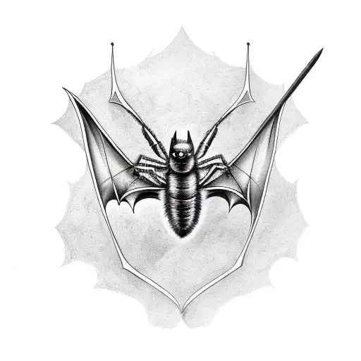 a bat and a scorpion with a crossed sword with the phrase Audaces Fortuna Juvat tattoo design idea