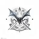 a bat and a scorpion with a crossed sword with the phrase Audaces Fortuna Juvat tattoo design idea