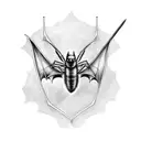 a bat and a scorpion with a crossed sword with the phrase Audaces Fortuna Juvat tattoo design idea
