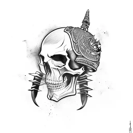 A skull with intricate samurai armor and weapons tattoo design idea