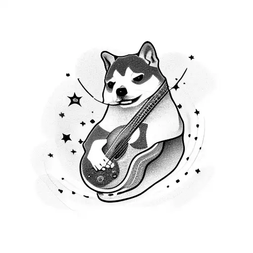 A shiba inu playing a guitar under a starry night sky tattoo design idea