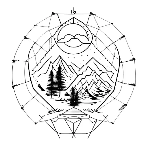 A tattoo design that combines mountains, trees, and nature to represent unity, family, and love. Incorporate the horoscope symbols for Libra and Scorpio. tattoo design idea