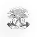 A tattoo design that combines mountains, trees, and nature to represent unity, family, and love. Incorporate the horoscope symbols for Libra and Scorpio. tattoo design idea