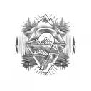 A tattoo design that combines mountains, trees, and nature to represent unity, family, and love. Incorporate the horoscope symbols for Libra and Scorpio. tattoo design idea