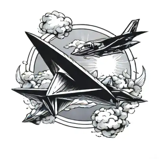 three paper airplane flying towards the sun, the shadow of the airplanes is jet figther tattoo design idea