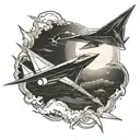 three paper airplane flying towards the sun, the shadow of the airplanes is jet figther tattoo design idea