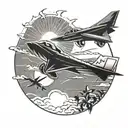 three paper airplane flying towards the sun, the shadow of the airplanes is jet figther tattoo design idea