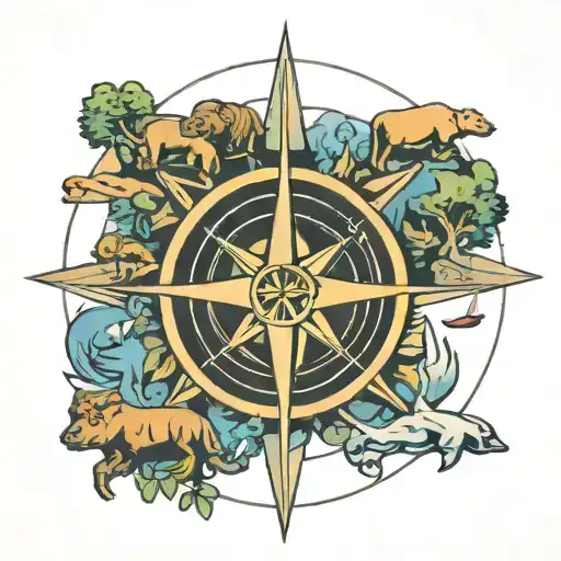 A minimalist tattoo of a compass rose surrounded by African wildlife, symbolizing the client's passion for exploring new horizons tattoo design idea