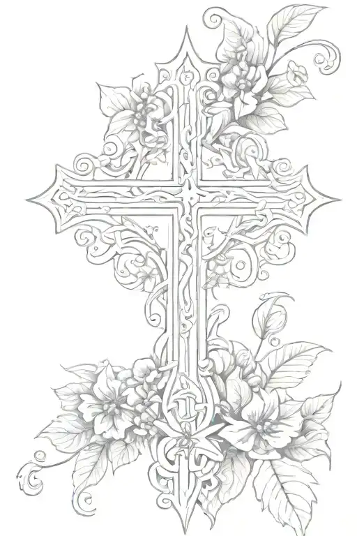 A tattoo featuring a cross intertwined with vines and flowers, with Isaiah 41:10 written around it tattoo design idea