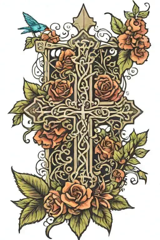 A tattoo featuring a cross intertwined with vines and flowers, with Isaiah 41:10 written around it tattoo design idea
