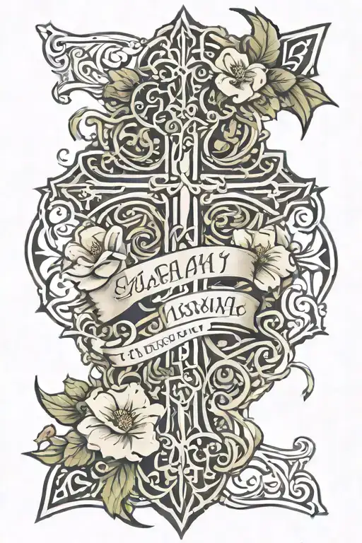 A tattoo featuring a cross intertwined with vines and flowers, with Isaiah 41:10 written around it tattoo design idea
