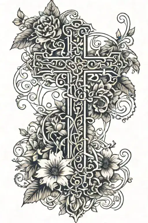 A tattoo featuring a cross intertwined with vines and flowers, with Isaiah 41:10 written around it tattoo design idea