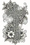 A tattoo featuring a cross intertwined with vines and flowers, with Isaiah 41:10 written around it tattoo design idea